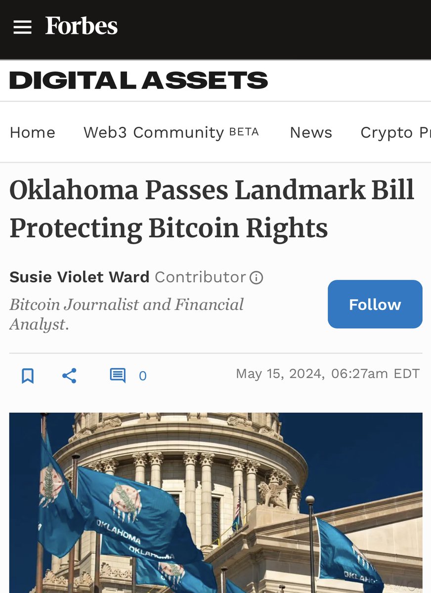 JUST IN: Oklahoma has passed a landmark bill protecting #Bitcoin  rights! 

The new law ensures the right to self-custody, transact, and mine bitcoin.

“The bill guarantees the right to self-custody, allowing individuals to securely hold their digital assets. 
It permits using