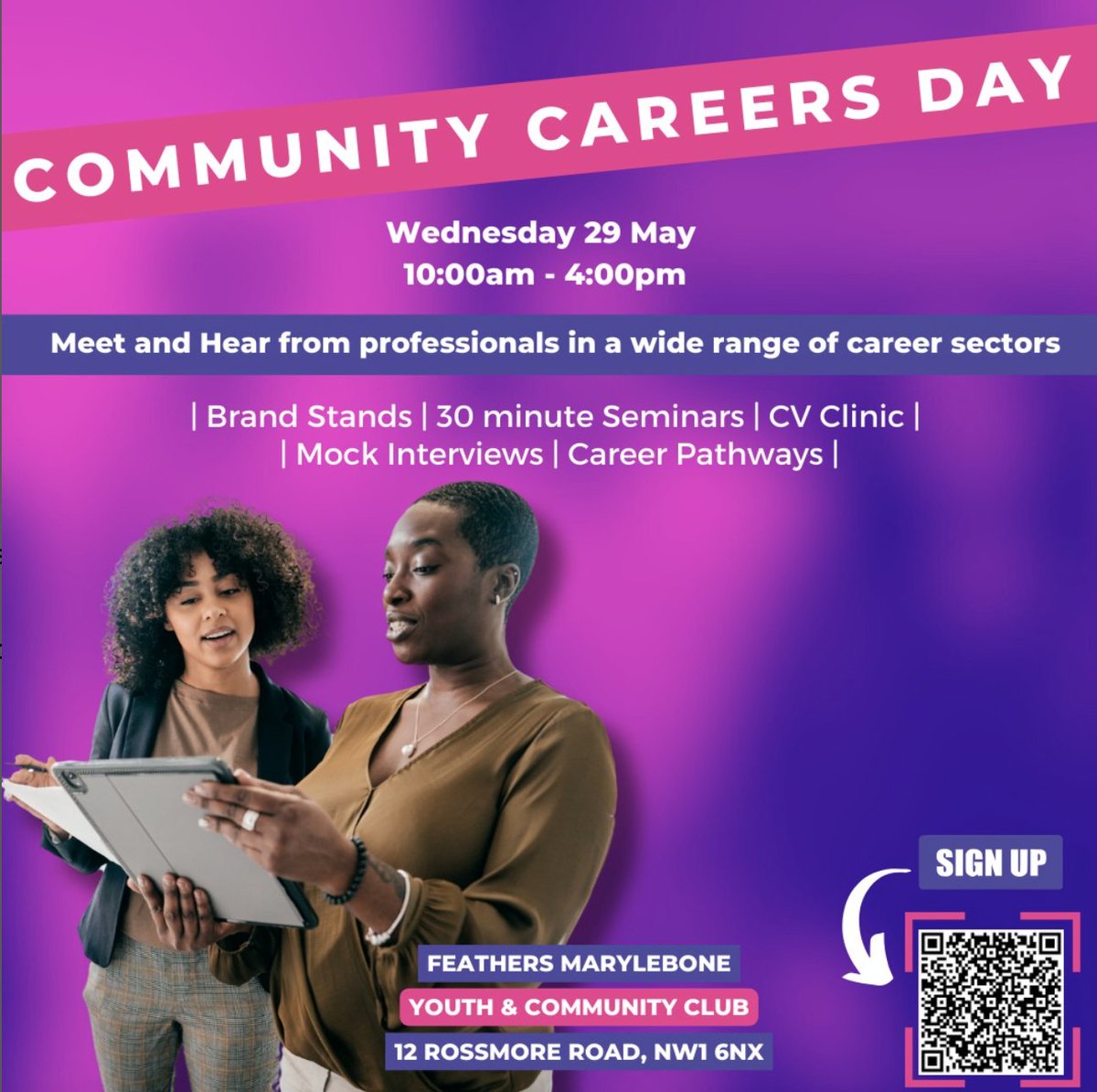 Take part in the @featherscharity Community Careers Day event and hear from various professionals. You can also expect support with CVs, mock interviews, and more. 📆29th May ⏰10:00am-4:00pm 📍12 Rossmore Road, NW1 6NX To sign up👉 ow.ly/5I0750RGKU8