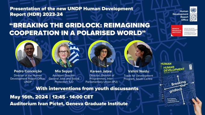 To discuss the 2023/24 #HumanDevelopmentReport, @GvaGrad & @UNDPGeneva are convening a policy dialogue to address these questions and reimagine cooperation, moving beyond narrow zero-sum thinking, and closing human agency gaps. With @pedrotconceicao. graduateinstitute.ch/communications…