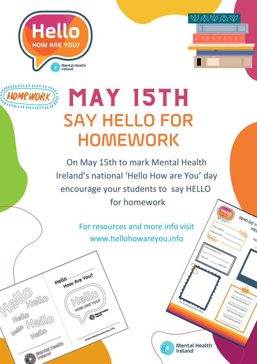 We want teachers to ask their students to mark 'Hello, How Are You?' Day today by giving them Hello resources for homework. We have a whole suite of resources for primary, secondary and youthreach students which can be downloaded. hellohowareyou.info/resources/#sch… #HelloHowAreYou