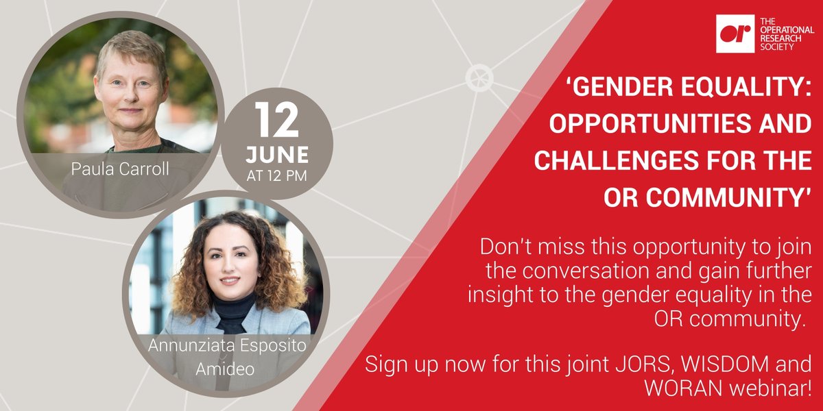 OR Society Research and Publications (@ors_res) on Twitter photo ✨Join us on 12 June for a webinar on ‘Gender Equality: Opportunities and Challenges for the OR Community’. Paula Carroll, <a href="/nancyaukna/">Annunziata Esposito Amideo</a> & <a href="/MartinKunc18/">Martin Kunc</a> will be discussing the first #WISDOM peer reviewed paper that has been published in #JORS
theorsociety.com/events/jors-ge…
#ORMS #WORAN ✨Join us on 12 June for a webinar on ‘Gender Equality: Opportunities and Challenges for the OR Community’. Paula Carroll, <a href="/nancyaukna/">Annunziata Esposito Amideo</a> & <a href="/MartinKunc18/">Martin Kunc</a> will be discussing the first #WISDOM peer reviewed paper that has been published in #JORS
theorsociety.com/events/jors-ge…
#ORMS #WORAN