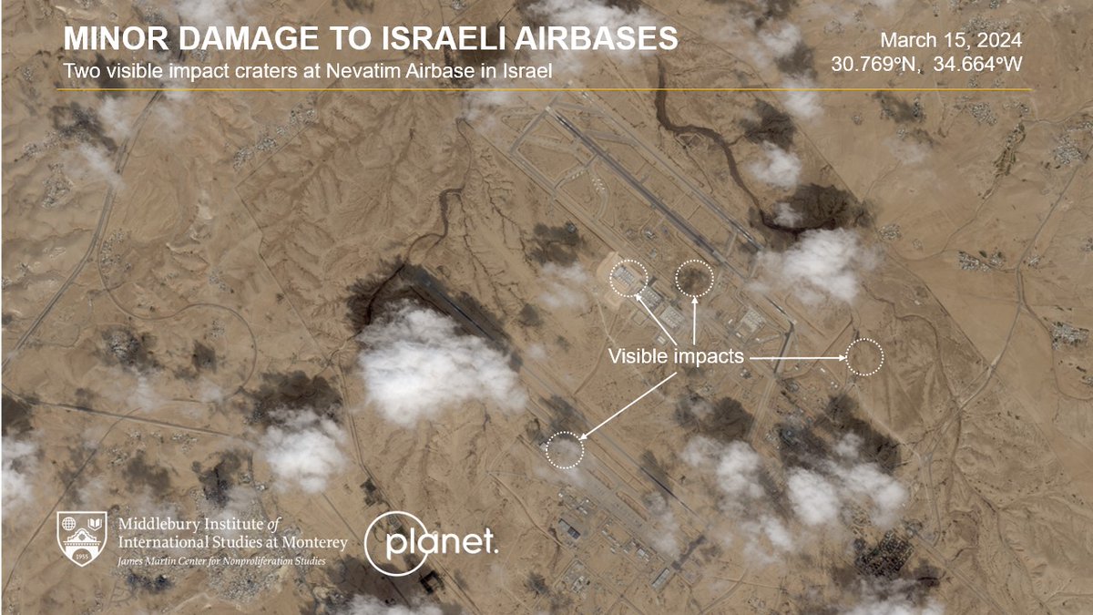 Analysts at @JamesMartinCNS have conducted a geospatial review of the high resolution imagery of Nevatim and Ramon Air Bases in Israel following the Iranian strikes. There is little to minor damage at both facilities.