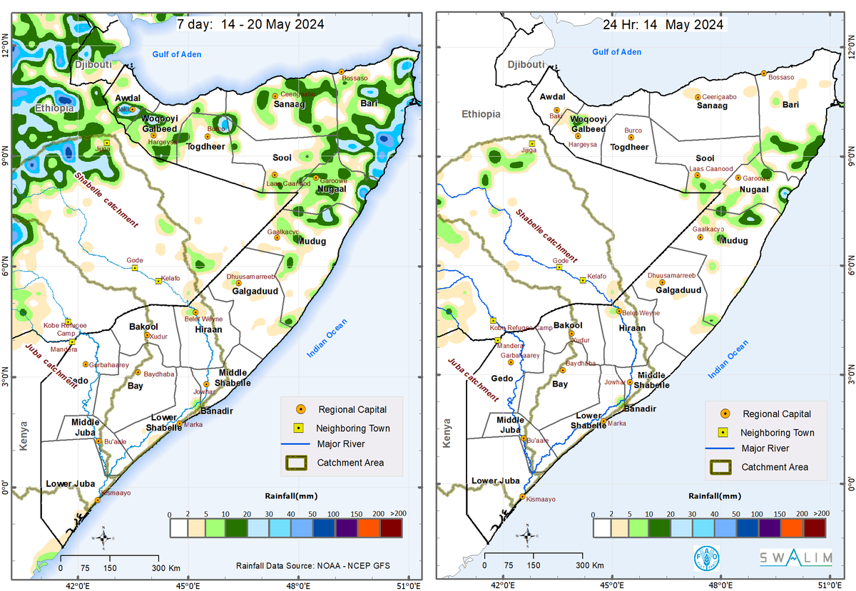 🌧️ FAO SWALIM Somalia Rain Forecast. 🔵Light to moderate rains expected over Somaliland and Puntland. 🔵Dry conditions over central and southern parts. 🔵Reduced flooding risk along Juba and Shabelle Rivers. ➡️faoswalim.org/resources/site…