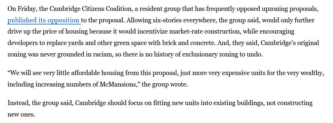 Love to argue that Cambridge no history of exclusionary zoning (and no racism) and that multi-family buildings are McMansions. 

bostonglobe.com/2024/05/15/bus…