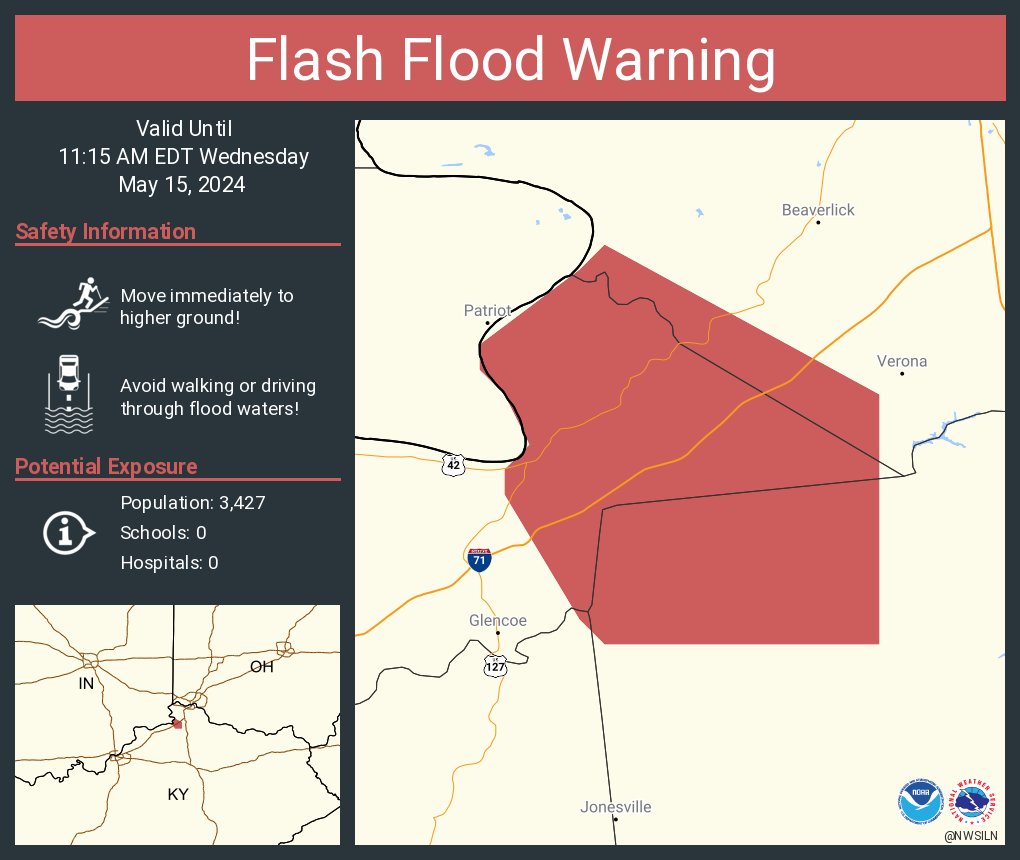 Flash Flood Warning including Boone County, KY, Gallatin County, KY, Grant County, KY until 11:15 AM EDT