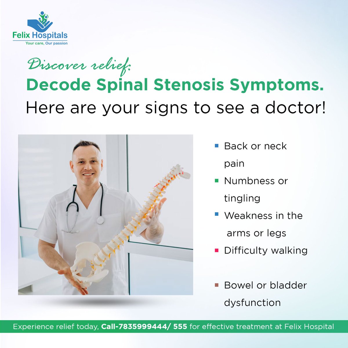 Back or leg tingling? It could be spinal stenosis, narrowing spine spaces pressuring nerves. Listen to your body! Learn symptoms and management. Contact: 7303389393. #spine #spinehealth #spineadjustment #spinalcordinjury #doctors #letsgo #besthospitalinnoida #hospitalnear