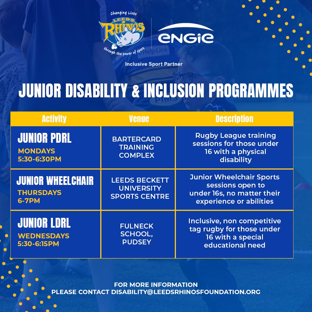 🌞 This summer is set to be a busy one with the rollout of our Junior Disability and Inclusion programmes! Check out our schedule below and see if there is something to suit you and your needs✅ To get involved, contact ✉ disability@leedsrhinosfoundation.org 🤝 @ENGIE_UK