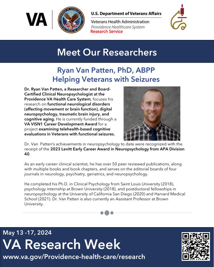🌟 VA Research Week Spotlight 🌟

This VA Research Week, we're proud to feature Dr. Ryan Van Patten and his groundbreaking project, "Helping Veterans with Seizures."

#VAResearchWeek #VeteranCare #VAProvidence #InnovationInCare #NeuroHealth