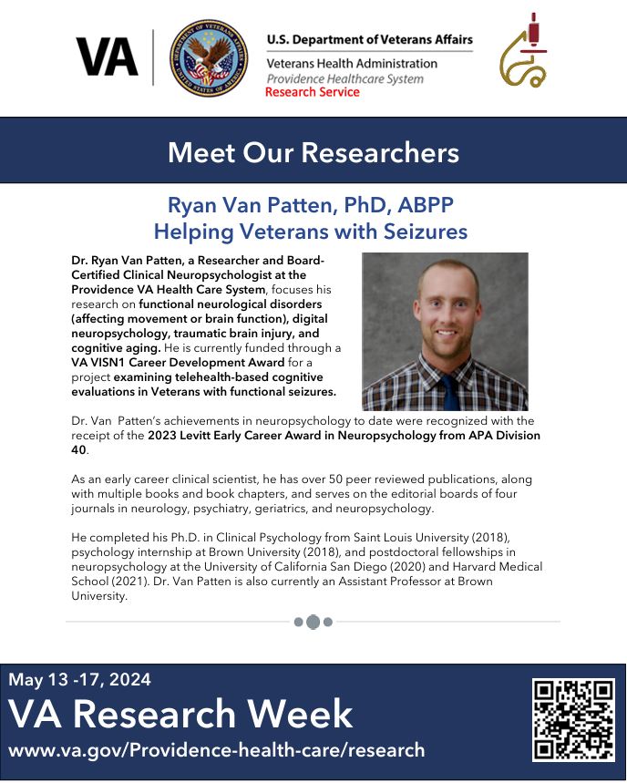 🌟 VA Research Week Spotlight 🌟

This VA Research Week, we're proud to feature Dr. Ryan Van Patten and his groundbreaking project, 'Helping Veterans with Seizures.'

#VAResearchWeek #VeteranCare #VAProvidence #InnovationInCare #NeuroHealth