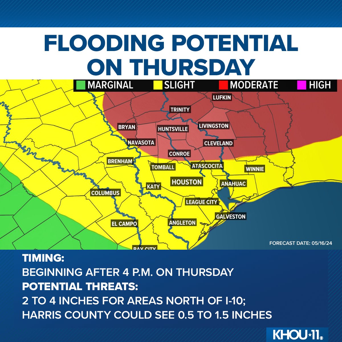 FLOOD THREAT | Storms could bring 2 to 4 inches of rainfall to areas north of I-10 beginning on Thursday afternoon. Most of the Houston area is under a slight risk, but communities further north face a moderate risk. Check the full forecast: khou.com/article/weathe…