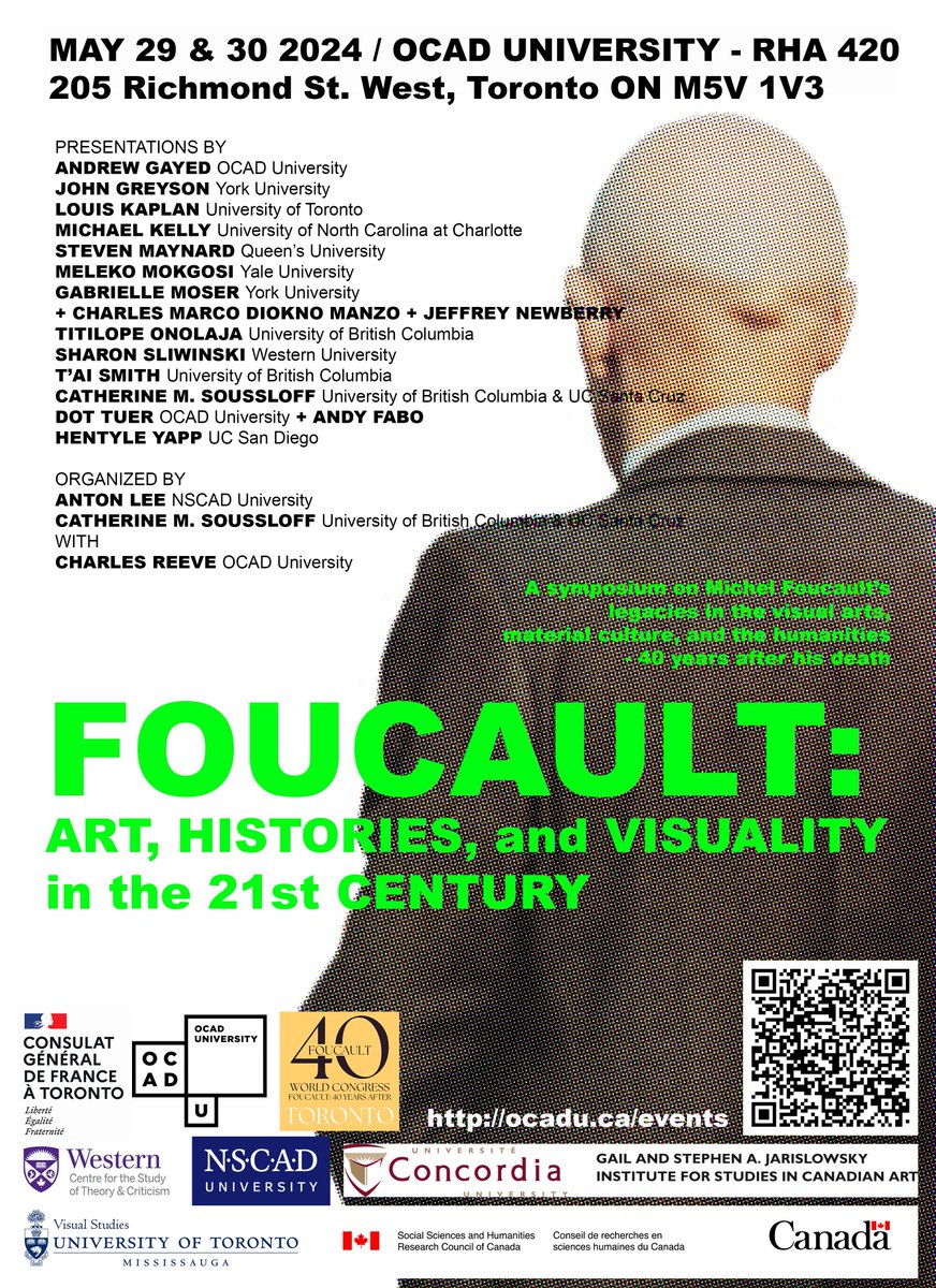 May 29 & 30 @OCAD hosts the symposium 'Foucault: Art, Histories, and Visuality in the 21st Century,' proposing to reassess Foucault’s legacies in the fields of art research and creation from critical perspectives informed by urgent issues. For more info: bit.ly/4aoWcPU