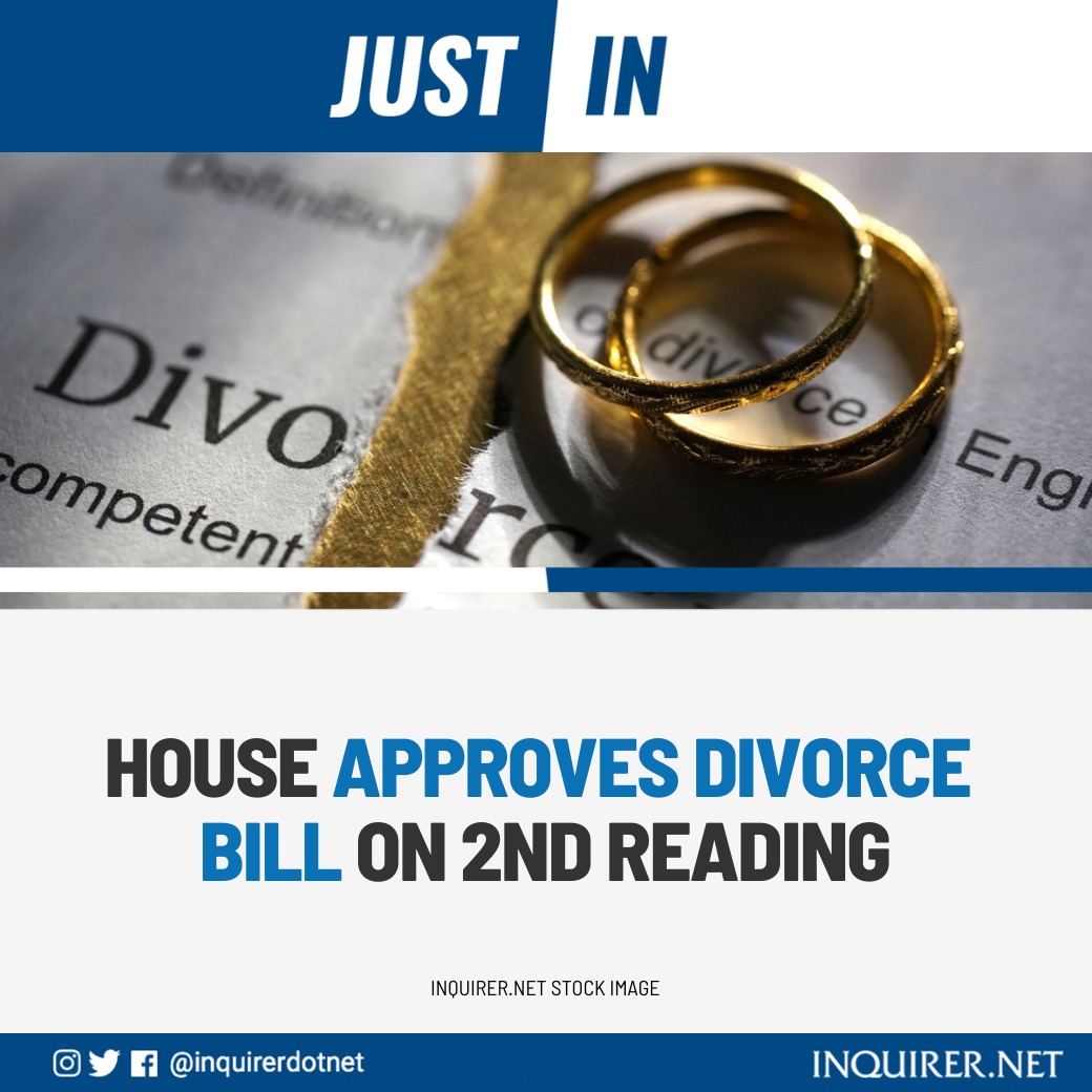 JUST IN: House Bill No. 9348, a proposal seeking to reinstate divorce in the country as a means of dissolving marriages, has been approved by the House of Representatives on second reading.

READ MORE: inqnews.net/divorcebill2nd…