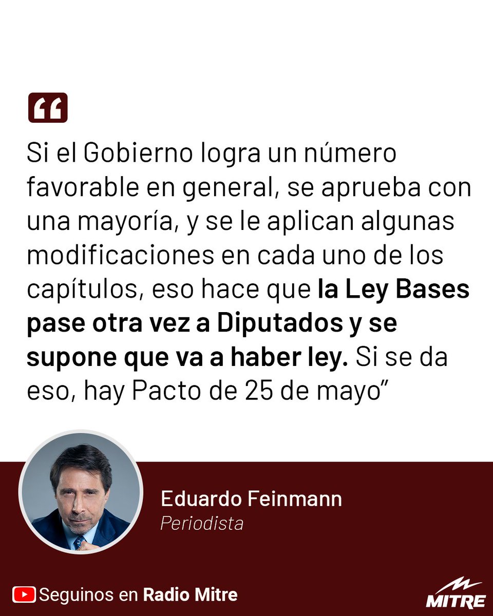 📢 @edufeiok en Radio Mitre: 'Si el Gobierno logra un número favorable en general, se aprueba con una mayoría, y se le aplican algunas modificaciones en cada uno de los capítulos, eso hace que la Ley Bases pase otra vez a Diputados y se supone que va a haber ley. Si se da eso,