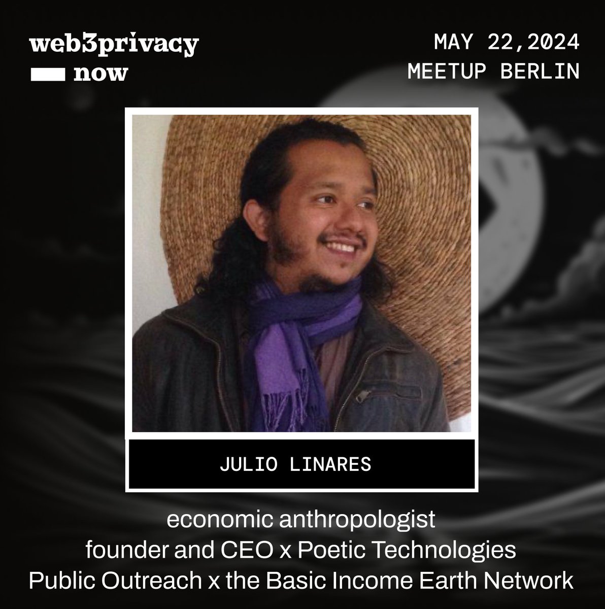 We love anthropology, decentralization tech &amp; commons.

Happy to see <a href="/Julio_Linares_/">Julio</a> x @PoeticTechUG &amp; <a href="/BasicIncomeOrg/">Basic Income Earth</a> moderating panel on Privacy Sustainability in Berlin.

Watch out for Julio's forthcoming book "Decolonizing Money".

Event: lu.ma/w3pn-meetup-be…