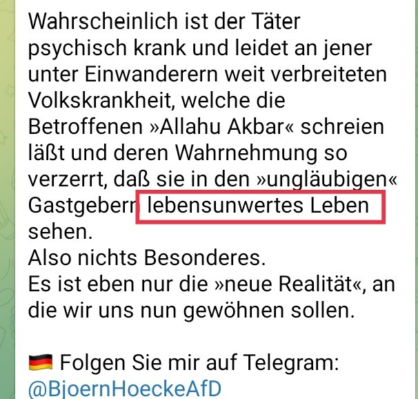 Gestern hat #Höcke vor Gericht behauptet,er hätte sich noch nie mit NS-Zeit beschäftigt
Woher kennt er dann den NS-Euthanasiebegriff 
'lebensunwertes Leben'??
Diese Frage wird dann vor dem 
LG Mühlhausen  geklärt!
Denn für diesen Post bei Telegram ist er angeklagt⬇️#Vorbestraft