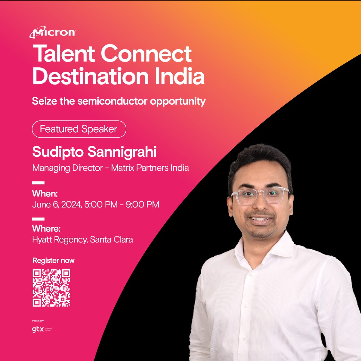 Thrilled to announce that Sudipto Sannigrahi, MD at @matrixindiavc, will be joining us at the Micron Talent Connect - Destination India event this June in Santa Clara! @sannigrahis @MicronTech Grab the chance to meet the leader himself 🔗#Register now! microntalentconnect.globaltalex.com