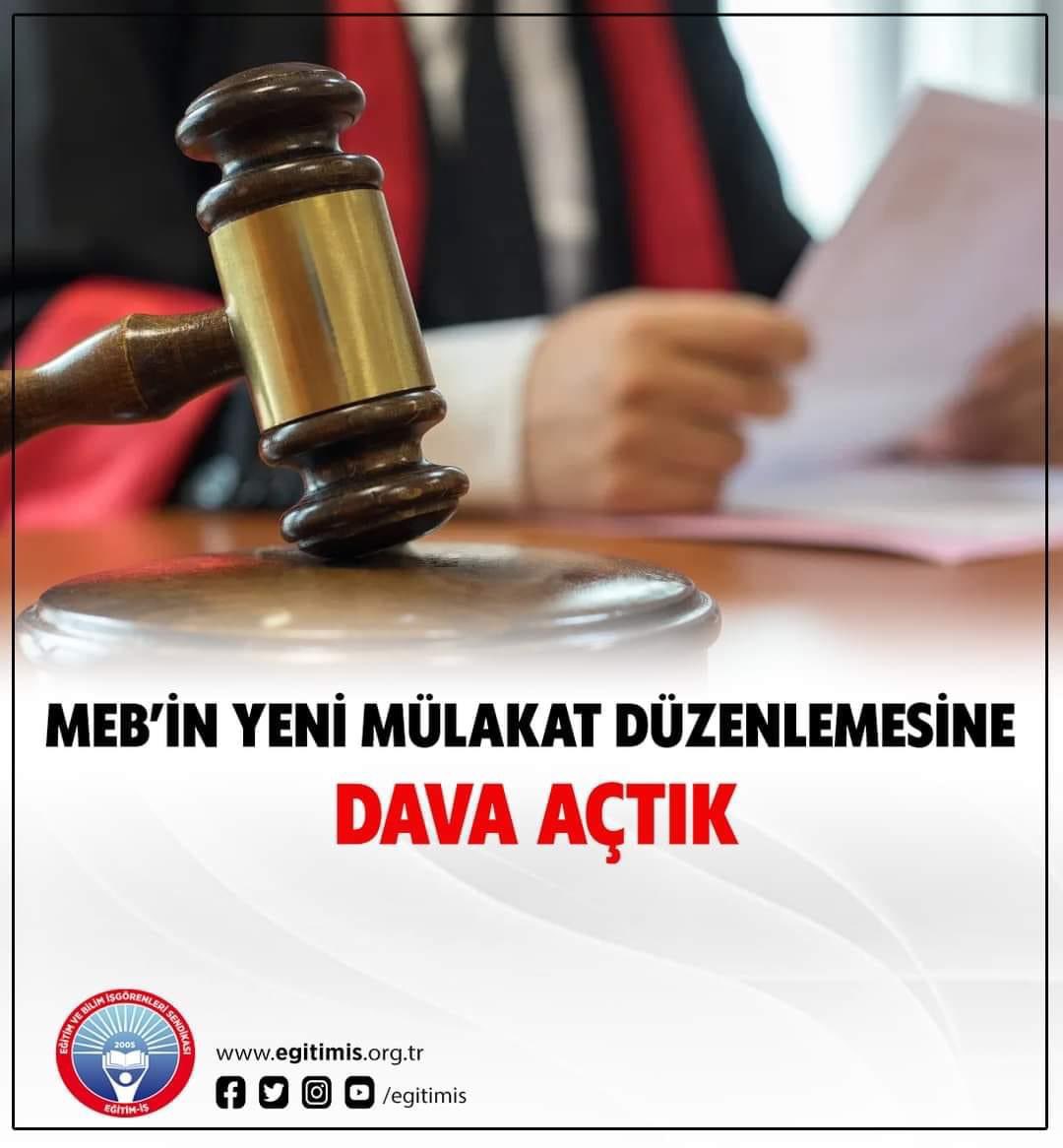 MEB’İN YENİ MÜLAKAT DÜZENLEMESİNE DAVA AÇTIK

egitimis.org.tr/guncel/sendika…

@tcmeb #ogretmen #atama #mulakat #dava #mulakatahayır