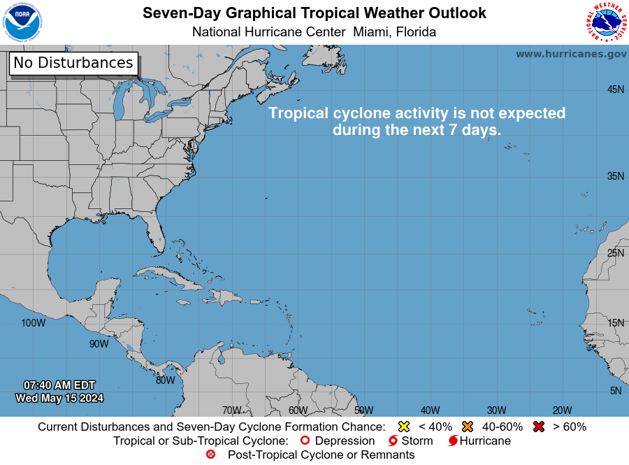 May 15: We have resumed regular 6-hourly issuance of the Atlantic Tropical Weather Outlook for 2024. Development is not expected during the next 7 days. The outlook can be found at hurricanes.gov