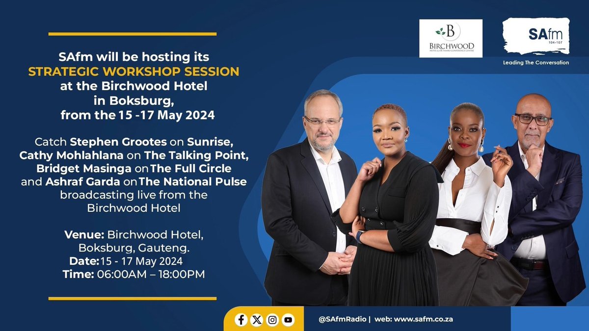 We are here !
Great to connect with the @safmradio team @CathyMohlahlana host #TheTalkingPoint and  Tony Soglo Business  Manager of the SABC Fortune Combo. We are at the SAfm Strategic  Workshop Session.  Todays #TheNationalPulse will come to you from @The_birchwood 
@SAfmRadio