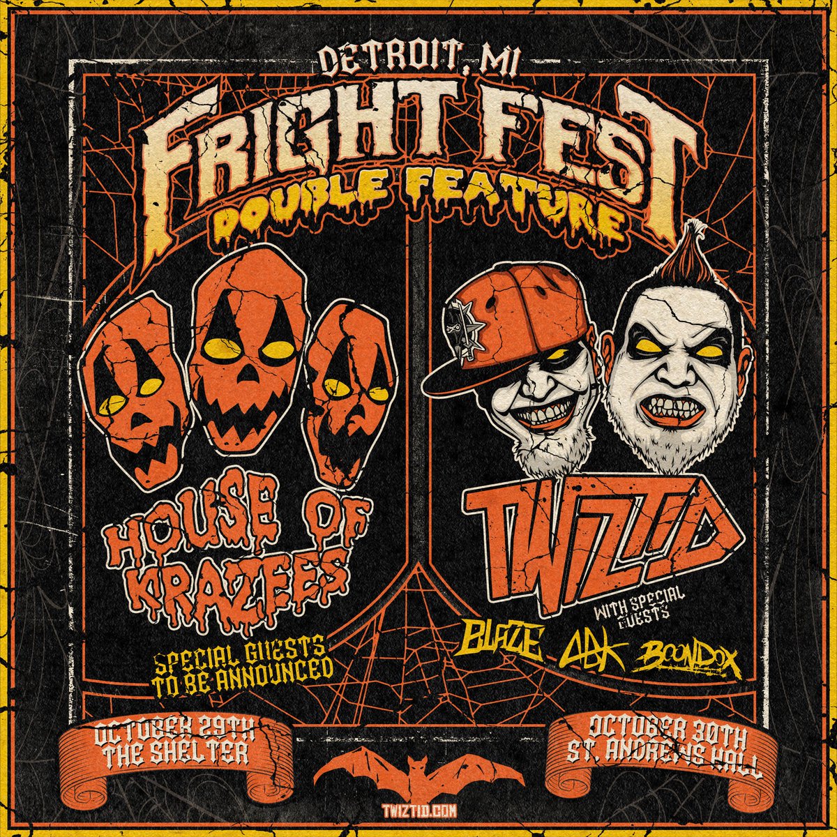 October 29 & 30, MNE presents FRIGHT FEST: DOUBLE FEATURE with not one, but two nights of Krazee & Twiztid performances! Each ticket purchased to the October 29 House of Krazees show at The Shelter will allow entry to the October 30 Twiztid Fright Fest show.
Onsale Fri @ 10am.