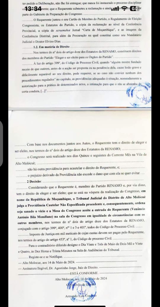 O Tribunal Judicial do Alto Molocue ordena que seja aceite a entrada de Venâncio Mondlane no Congresso da Renamo que tem lugar hoje e amanhã naquele distrito.