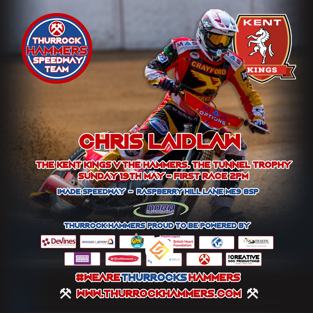Unfortunately Rhys Laker sustained an injury racing last weekend, so will miss our Tunnel Trophy clash against the Kent Kings on Sunday.

We’re delighted to announce that <a href="/claidlaw92/">chris laidlaw</a>  will wear the Hammers race bib in his place. 👊🏻

#WeAreThurrocksHammers ⚒️⚒️