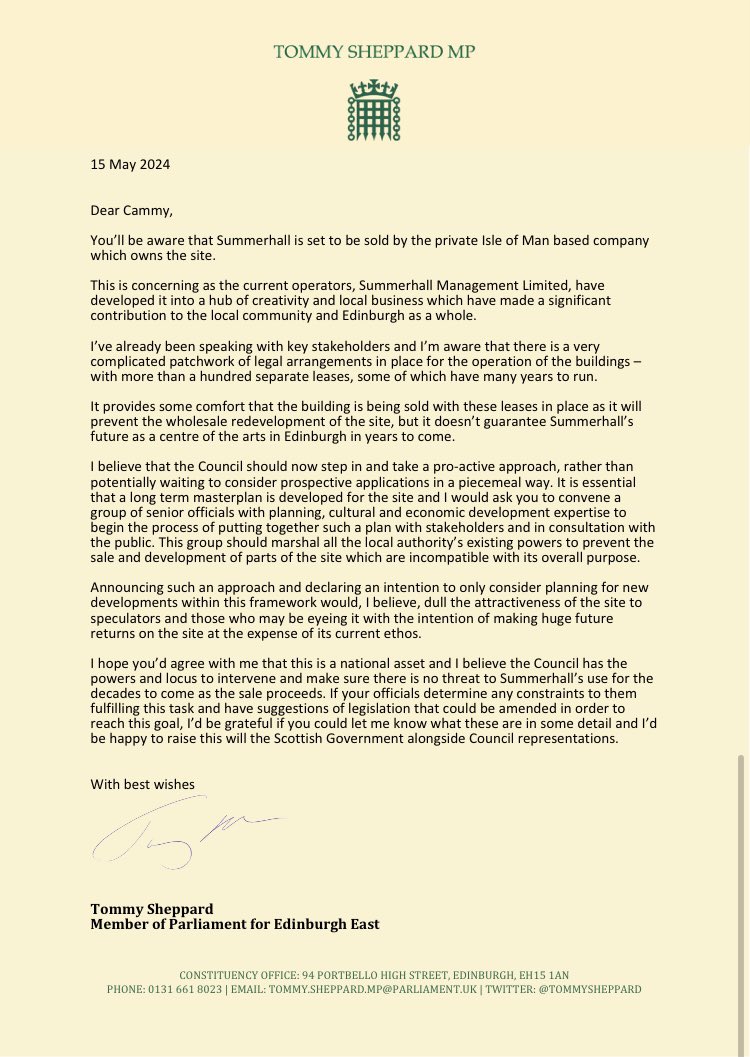 Today I’ve written to @Edinburgh_CC Leader asking that the Council use it’s powers to create a Summerhall masterplan. Working with stakeholders, plans could protect Summerhall as a hub of the arts in Edinburgh through any sale of the site & for decades to come.