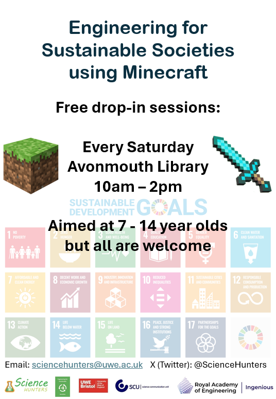 ✨ Starting this Saturday ✨ ⚒️🌍 Engineering for Sustainable Societies using #Minecraft 🚶🚶‍♀️ Free drop-in sessions 📅 Saturdays 🗺️📍 #AvonmouthLibrary ⌚ 10am-2pm 👧🧒👦 Aimed at 7-14 year olds, but all are welcome (under 8s must be accompanied) ⚗️🔬 @ScienceHunters @UWEBristol