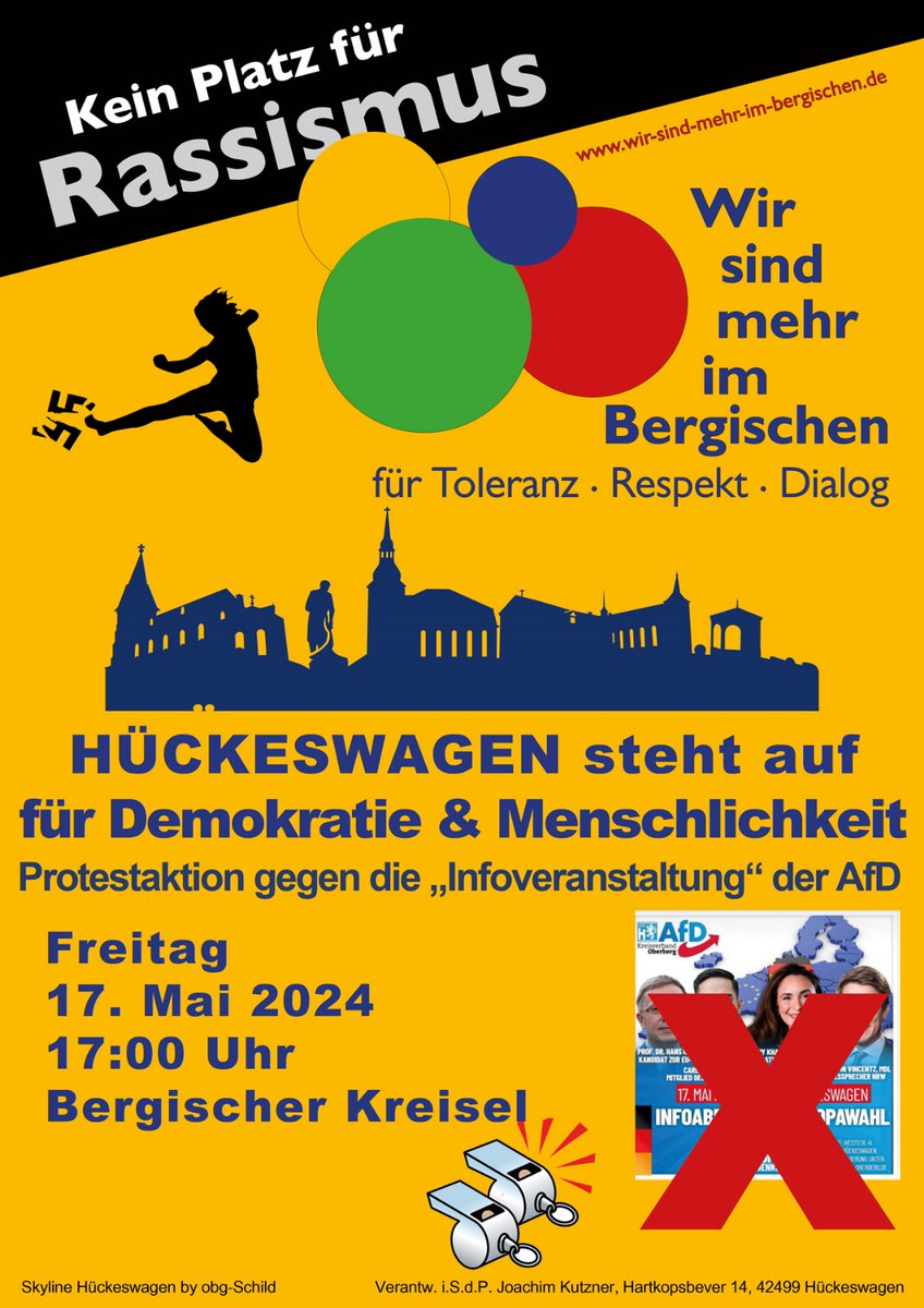 Treffpunkt #Bahnhofsplatz (neben #ALDI) -> 16:50 Uhr. Jede(r) kann #Plakate, #Fahnen und #Banner mitbringen.

#Rassismus #Toleranz #Respekt #Dialog #Hückeswagen #Demokratie #Menschlichkeit #Protestaktion #Infoveranstaltung #AfD