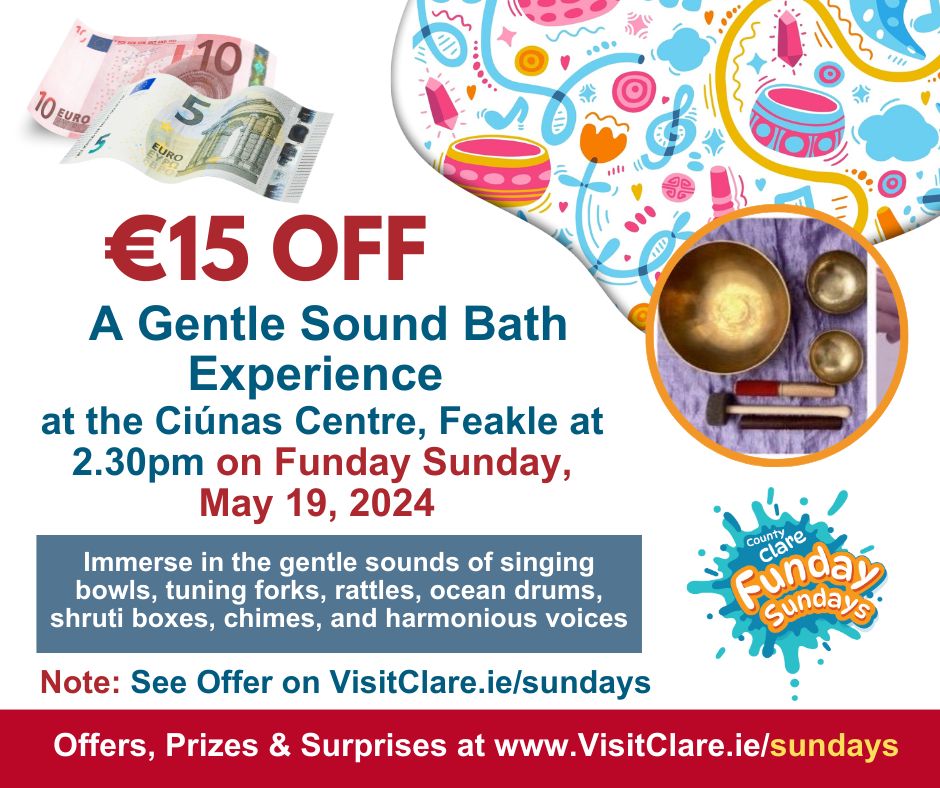 Sound Bath at the Ciúnas Centre, Feakle 💛💙 Step into a world of tranquility at the Ciúnas Centre where Ruth will guide you through a soothing sound bath immersing you in the gentle sounds of singing bowls, tuning forks and more. For this offer & more visitclare.ie/sundays/