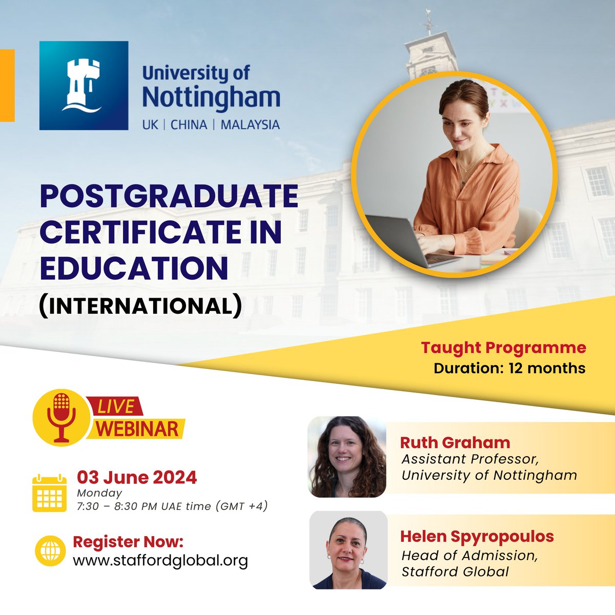 Join our FREE webinar with Prof. Ruth Graham (UniofNottingham )& explore the PGCEi (Intl.) programme for educators outside the UK. 📆 Monday, 3 June, 2024 | 7:30 PM UAE time (GMT +4) Register👉 staffordglobal.org/events/univers… #StaffordGlobal #UniversityOfNottingham #PGCEi #Webinar