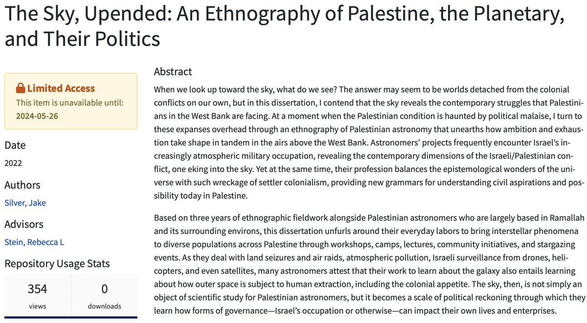 When you stumble upon a dissertation that you can't wait to become a book: an ethnography of astronomy in Palestine. dukespace.lib.duke.edu/items/57a70e53…