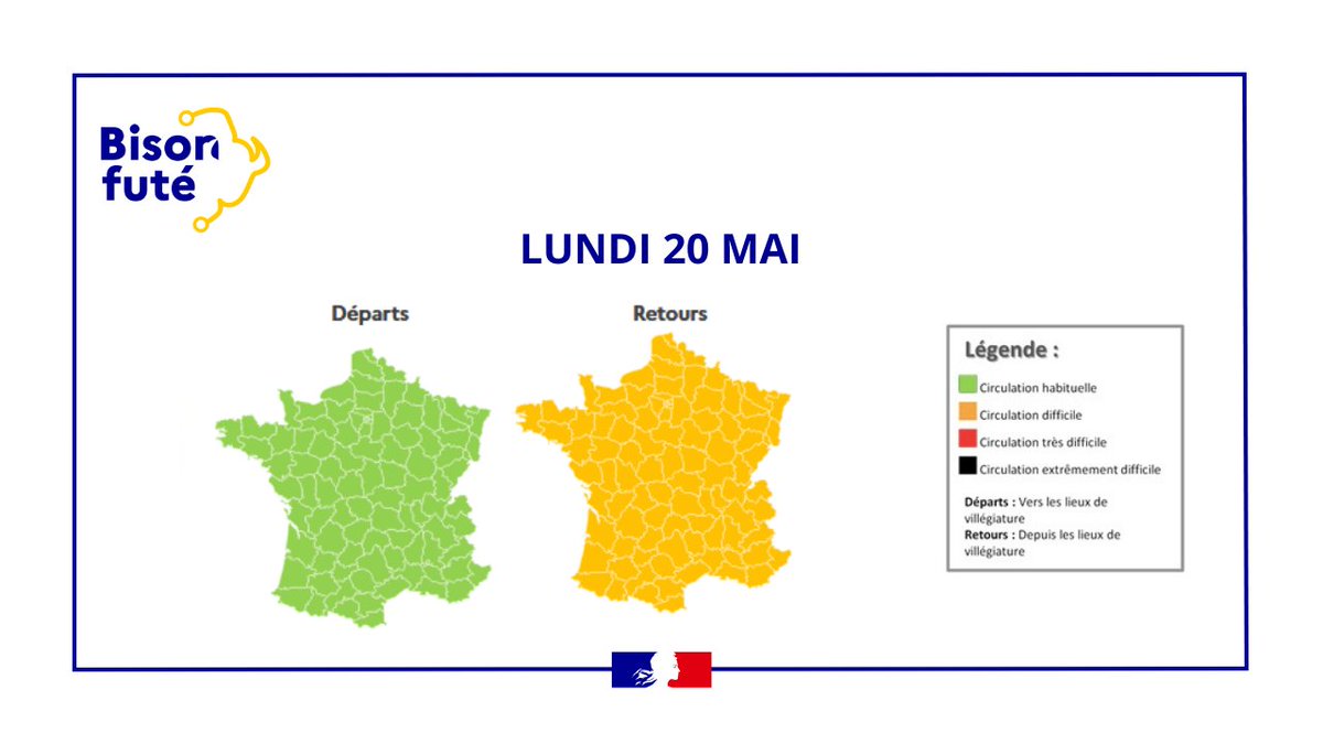 ℹ️#InfoTrafic #weekend #Pentecôte2024 #Départs 🟥Très Difficile National le 17/05 🟧Difficile National le 18/05 #Retours 🟧Difficile National les 17 et 20/05 Prévisions détaillées➡️t.ly/jsS2U Pour les trajets courts, privilégiez la marche ou le vélo.🚗🛣️