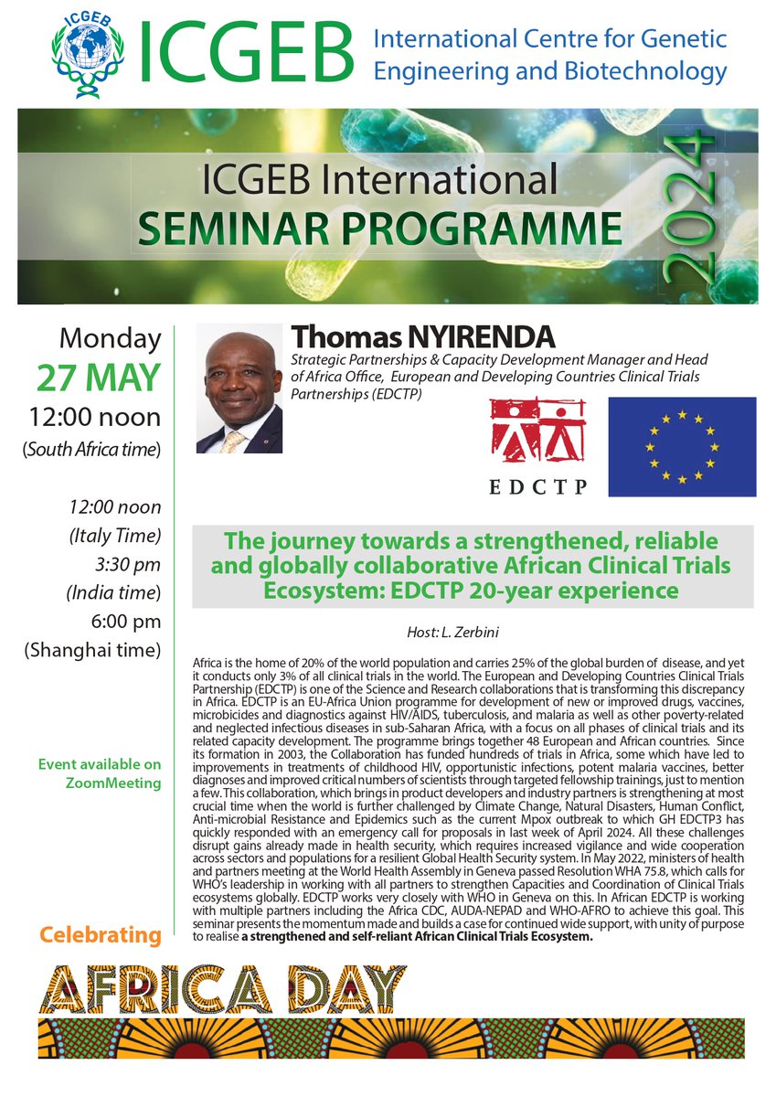 #ICGEB celebrates #AfricaDay with @EDCTP Dr Thomas Nyirenda international seminar on the African Clinical Trials Ecosystem 👇 📅 27 May 2024 🕛Noon (12h00) SAST 🔗to join: claudia.russo@icgeb.org