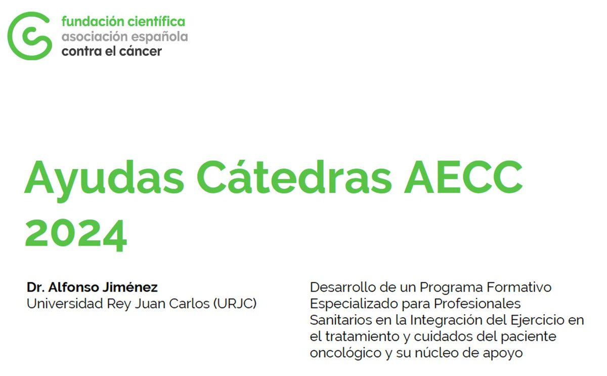Prof Alfonso Jimenez (@profa_jimenez) on Twitter photo Great news!! We’ve secured competitive funding from <a href="/ContraCancerEs/">Asociación Española Contra el Cáncer</a> for a 3years Chair focusing on training for healthcare professionals on the integration of exercise in the treatment & care of cancer patients…<a href="/GOfitLAB/">GO fit LAB</a> <a href="/urjc/">URJC</a> Great news!! We’ve secured competitive funding from <a href="/ContraCancerEs/">Asociación Española Contra el Cáncer</a> for a 3years Chair focusing on training for healthcare professionals on the integration of exercise in the treatment & care of cancer patients…<a href="/GOfitLAB/">GO fit LAB</a> <a href="/urjc/">URJC</a>