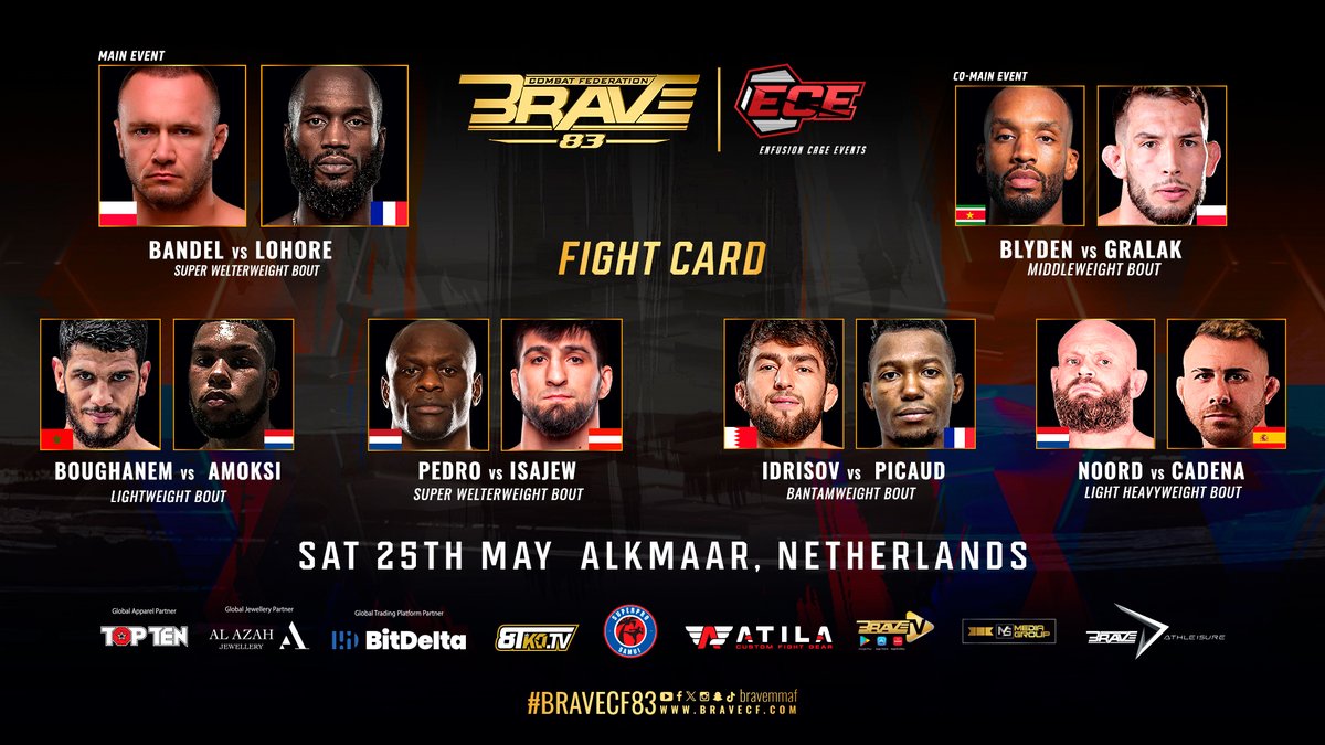 🚨 BRAVE CF 83 Full Fight Card 

Featuring the return of former Super Welterweight Champion Marcin and the highly anticipated debuts of Alex Lohore, Noach Blyden and kickboxing legend Youssef Boughanem🔥

#BRAVECF #MMA #ECE #Netherlands