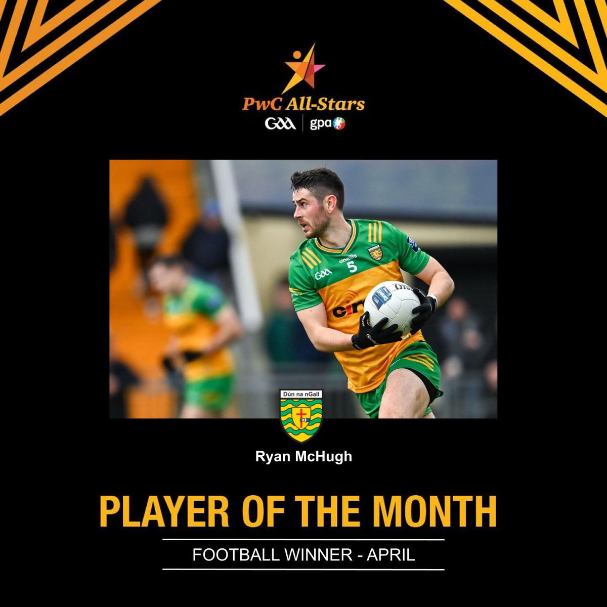 👏 The winner of April’s PwC @officialgaa / @gaelicplayers Football Player of the Month is: 🏆 Ryan McHugh - @officialdonegal 🏆 #PwCAllStars