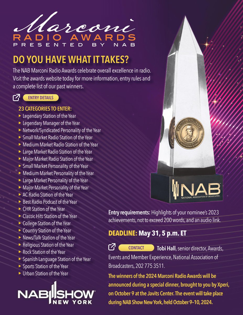 NAB radio members:  It's time for the Marconi Radio Awards!  Enter your station by the May 31 deadline, info here: nab.org/events/awards/…
