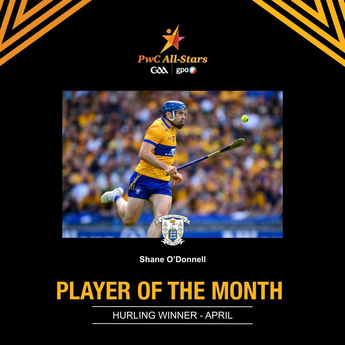 Here is your PwC @officialgaa / @gaelicplayers Hurling Player of the Month winner for April: 🏆 Shane O’Donnell - @GaaClare 🏆 👏👏👏 #PwCAllStars