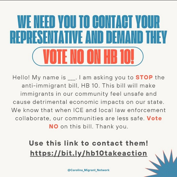 ProChoice_NC's tweet photo. 🚨TAKE ACTION NOW! NC House to vote on xenophobic #HB10 at 11am today.
Send a message to your state representative today telling them to oppose the latest attack on immigrant residents in NC! https://t.co/vPn8vcbGNX
#StopHB10 #ImmigrantRightsAreReproRights https://t.co/PQ46ht6C0x