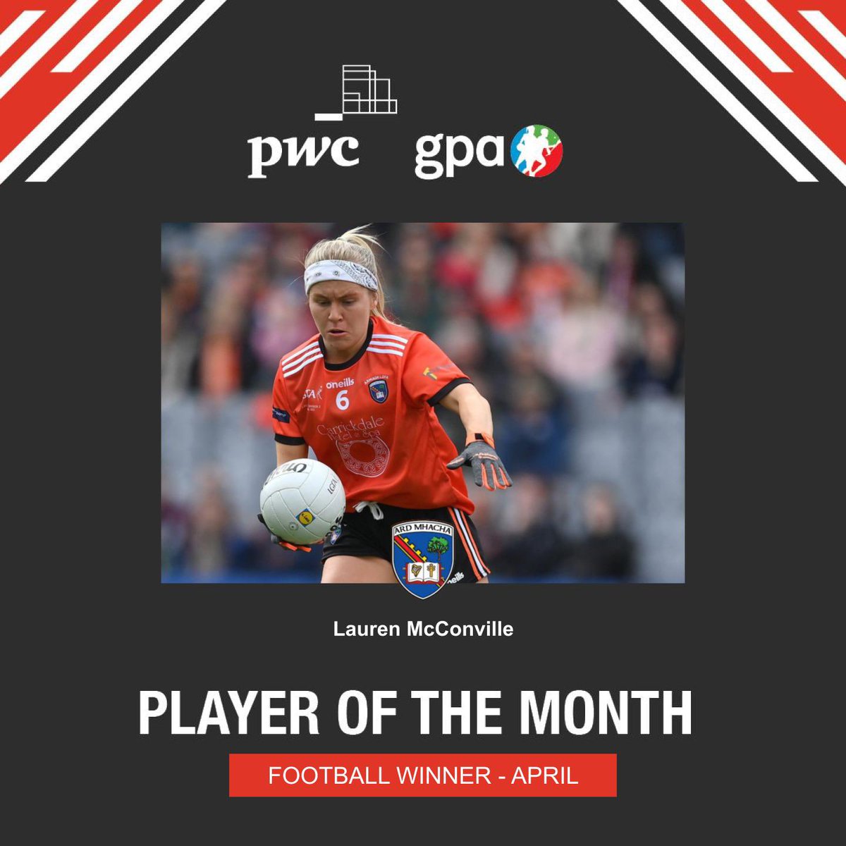 👏 Well done to Lauren McConville from @ArmaghLGFA who has been named the PwC / @gaelicplayers Women's Football Player of the Month for April! 🏆🏆🏆