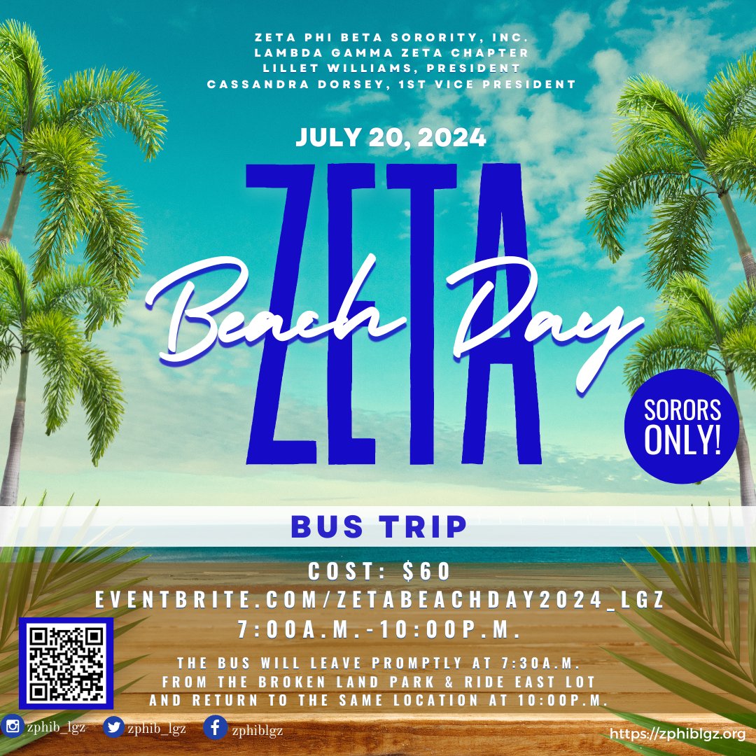 Nothing soothes the soul like a day by the water! Sorors, join #LGZHoCo on a bus ride to the Beach for a day full of fun in the sun!

Use the link below to purchase your tickets:
ZetaBeachDay2024_LGZ.eventbrite.com

#ZetaBeachDay2024 #ZPhiBMD #MarylandZetas