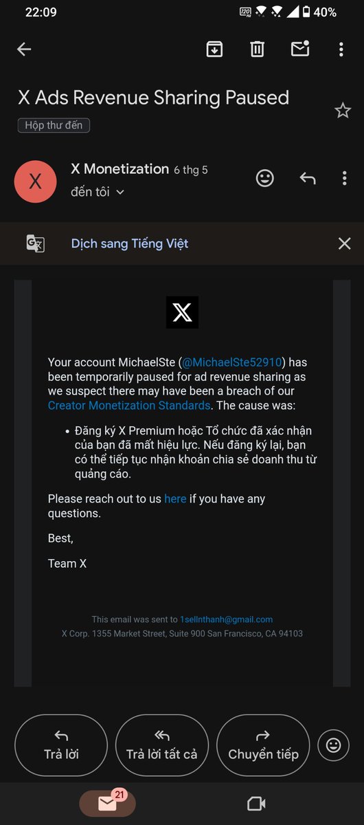MichaelSte52910's tweet photo. Mọi người gặp trường hợp này chưa vậy? 
Mình hết hạn tick xanh nhưng đã đăng ký lại thì mất luôn chỗ chia sẻ doanh thu từ quảng cáo!
Ai gặp rồi xin chỉ giáo với ạ!

#x #Twitter https://t.co/AoVN6GorJw