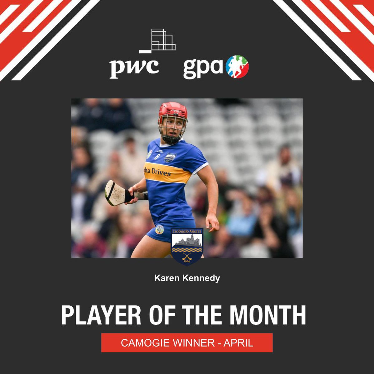 🏆 Congratulations to @camogietipp's Karen Kennedy who has been voted the PwC / @gaelicplayers Camogie Player of the Month for April. 👏👏👏 #PwCCamogieAllStars