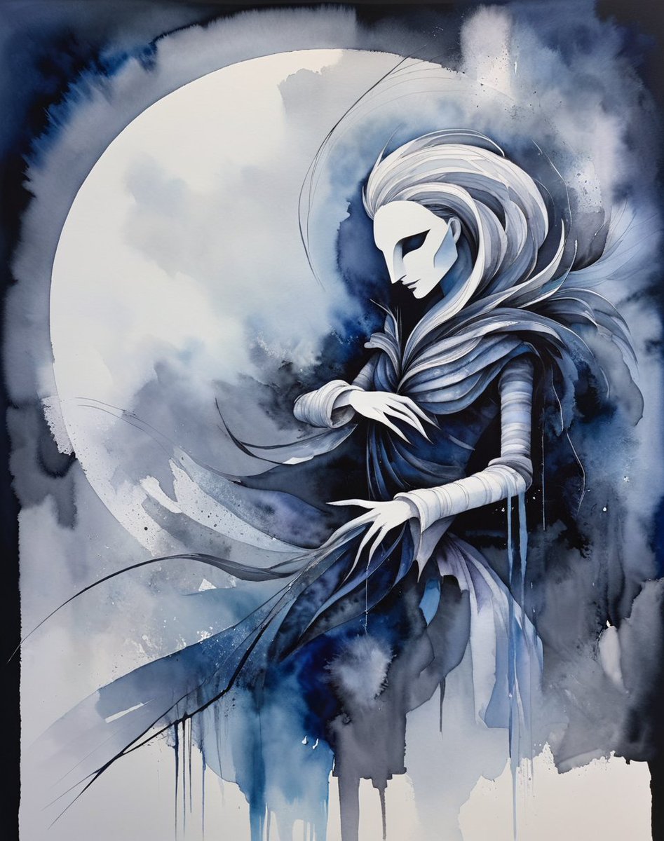Moon Queen Slumber:

📜In watercolour's embrace, the moon queen rests,
Puppet-like, entwined in geometric quests.
Shades of black and smoky greys, a celestial scene,
Captivating allure, in hues serene.

#watercolor #moon #poem #Wednesdayvibes #nyc #aiart #art #ai #digitalart 🙂