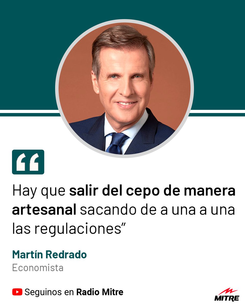 📢 El economista @martinredrado dialogó con @edufeiok en el aire de Radio Mitre y opinó sobre el cepo al dólar. El expresidente del Banco Central explicó que “no se puede sacar el cepo de un día para el otro”. Y agregó: “Hay que hacerlo como si estuviéramos desactivando una