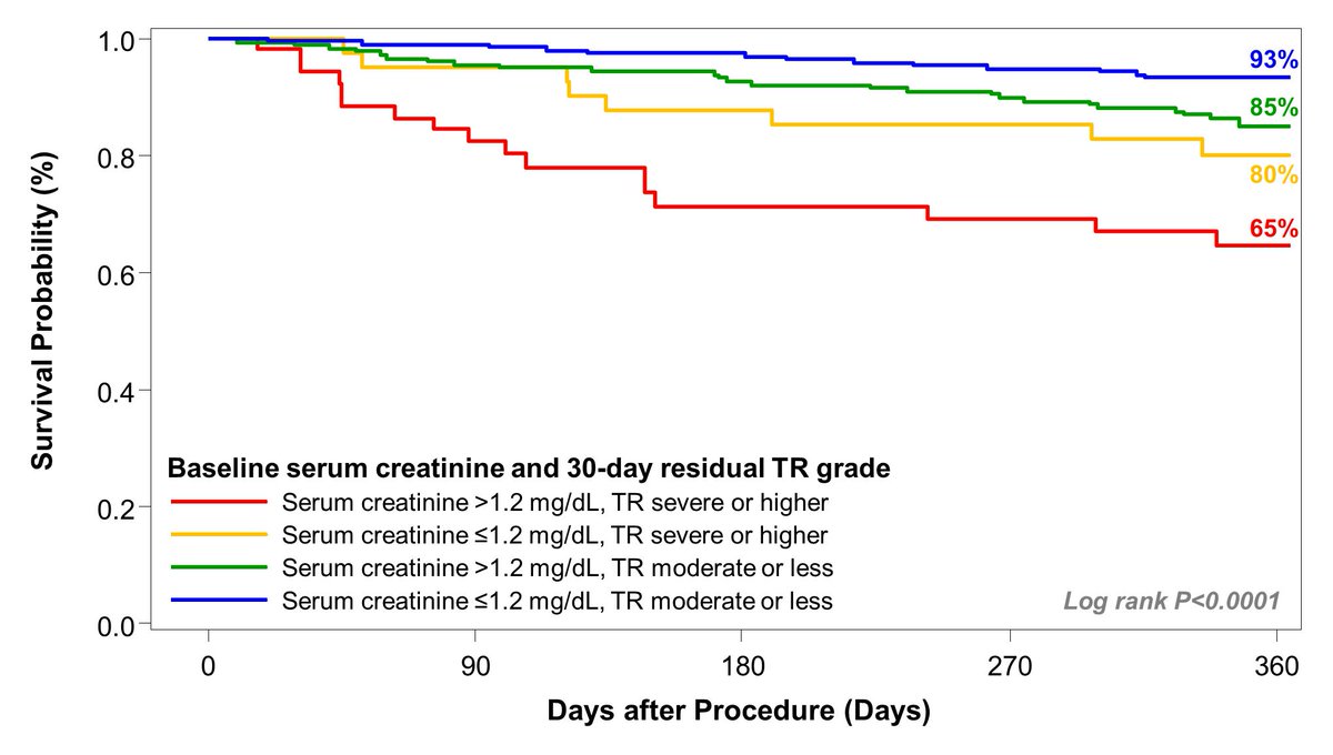 #EuroPCR #JACC SimPub: In the bRIGHT study, tricuspid #TEER w/ #TriClip is safe & effective through 1-yr for sig. TR in a real-world population. 1-yr mortality is assoc w/ residual severe or greater TR, elevated BL serum creatinine, & smaller RV TAPSE. bit.ly/4bEVbEE