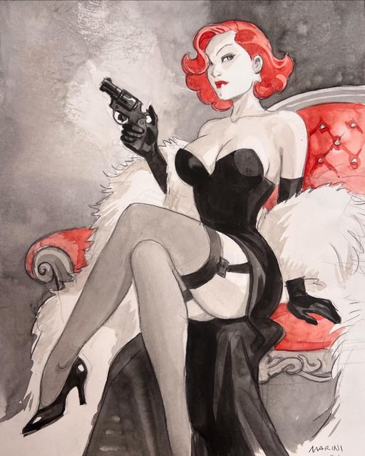 CAPRICE has a gun 👄aquarelle Noir Burlesque #watercolor #ginger #aquarelle #drawing #illustration #pinup #noirburlesque #glamour #ink #caprice #bd #burlesque #vintage #glamour #bandedessinee #marini #commission #comicartist  
De Enrico Marini.🖌️🐾 🐈‍⬛💖