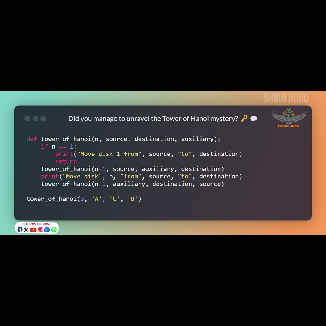 mahojase's tweet image. Conquering the Tower of Hanoi with Python! 🏰🎯
.
.
.
#TowerOfHanoi #PythonProgramming #AlgorithmicThinking #RecursionInPython #CodeChallenge #ProblemSolving #LogicalThinking #CodingPuzzles #TechFun #CodeMastery