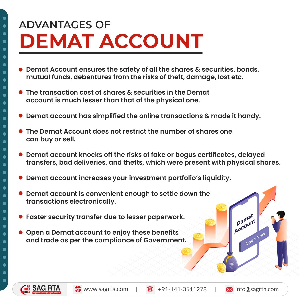 Learn about the benefits of having a Demat account.
bit.ly/3s8FeBZ
#DematAccount #shares #securities #bonds #mutualfunds #debentures #investment #SAGRTA #clients #professionals #CDSL #NSDL #registrarandtransferagent #Registrarandsharetransferagent #rtaservices #rtaforms
